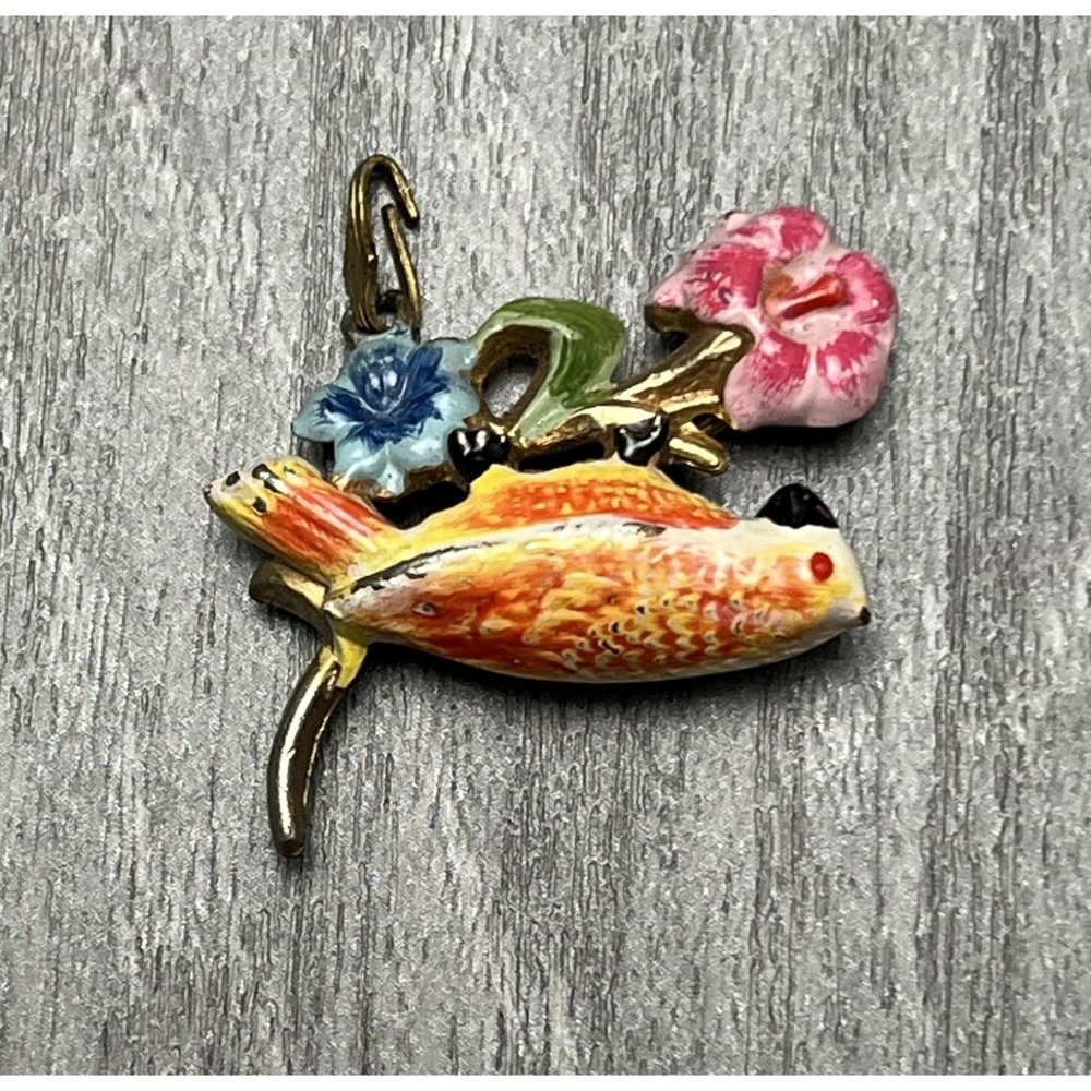 Vintage Style Enamel Bird Hanging on Branch Flowers Brooch Pin Pendant Gold Tone